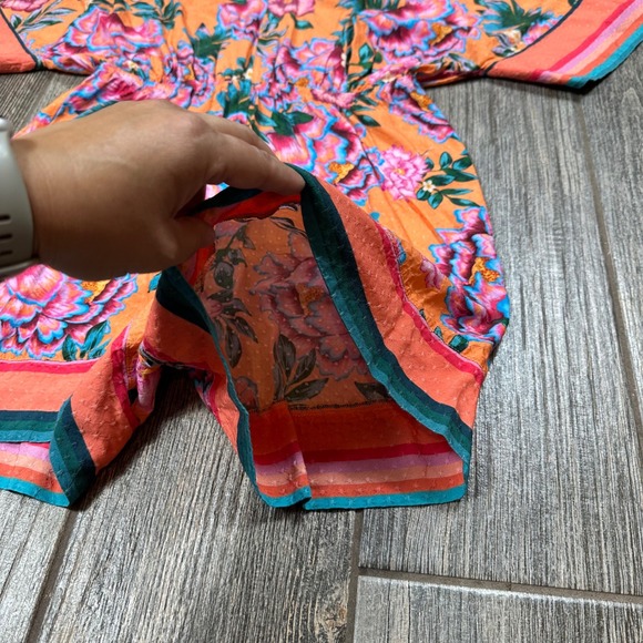 FARM Rio for‎ Anthropologie Orange Floral Kimono Sleeve Romper Shorts Size S - Picture 4 of 10